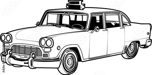 Classic vintage taxi cab vector outline. Retro 1950s sedan with a roof sign and bold black shading. Perfect for retro city posters, travel apparel, and coloring books.