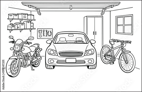 Coloring Page Garage Scene with Car Motorcycle and Bicycle Line Art
