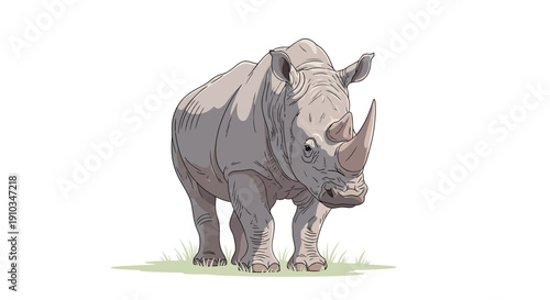 Illustration of a gray rhinoceros standing on green grass against a white background, celebrating World Wildlife Day with a design element.
