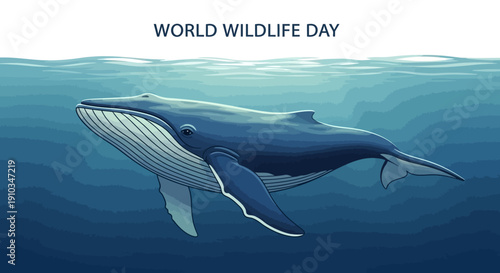 An illustration of a whale swimming underwater on World Wildlife Day with a design celebrating wild animals and wildlife conservation.