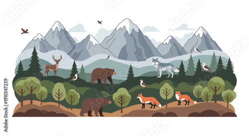 Illustration of various wild animals in their natural habitat on World Wildlife Day, featuring a scenic landscape with mountains and trees.