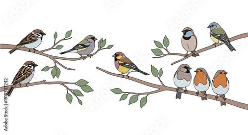 Illustration of various colorful birds perched on tree branches with green leaves against a clean white background for World Wildlife Day design.