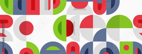 Abstract geometric pattern. Circles, semicircles, segments in red, green, blue, gray. Repeating design creates modern texture.