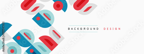 Abstract geometric shapes overlap, creating dynamic visual texture. Red, blue, gray tones dominate neutral background. Simple design elements.