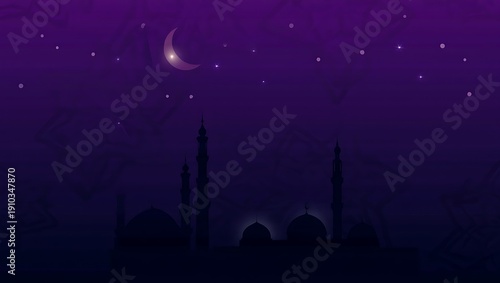 Serene Night Scene of a Mosque Silhouette Under a Glowing Crescent Moon and Starry Purple Sky – Elegant Islamic Illustration for Ramadan Kareem, Eid Mubarak, and Spiritual Celebration Backgrounds