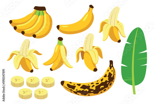 Flat cartoon banana fruit set featuring whole, peeled, sliced, and spotted bananas along with a tropical leaf for food and nutrition concepts