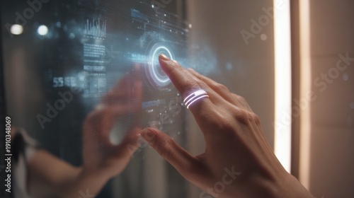Wallpaper Mural Fingers control mirror interface using smart ring, soft ambient lighting shifts, music controls and light sliders visualized as circular holographic UI, reflective bathroom scene with chrome fixtures Torontodigital.ca