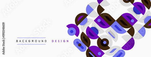 Abstract geometric pattern. Circles, squares overlap creating modern visual texture. Purple, brown hues dominate neutral backdrop.