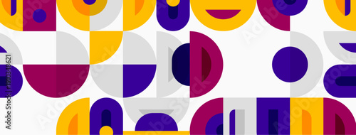 Geometric pattern features circles, semicircles, squares. Purple, yellow, gray colors dominate white background. Modern design element.