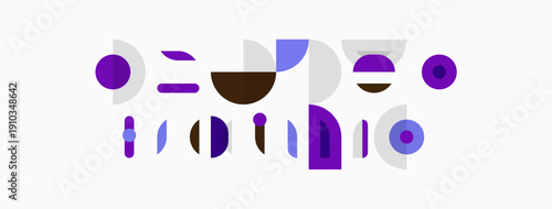 Abstract geometric shapes, purple hues, white background. Minimalist design, modern aesthetic, playful composition. Simple forms create visual interest.