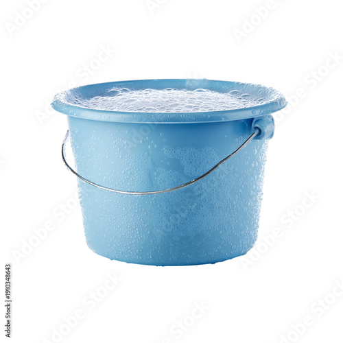 Blue plastic bucket with soapy water and white foam, cleaning pail with metal handle and water droplets, laundry and housekeeping equipment