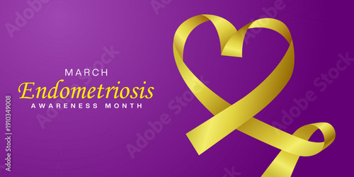 March Endometriosis Awareness Month. Heart shape ribbon. Great for cards, banners, posters, social media and more. Purple background.