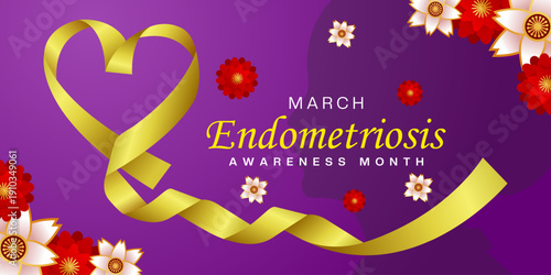 March Endometriosis Awareness Month. Heart shape ribbon, women and flower. Great for cards, banners, posters, social media and more. Purple background.