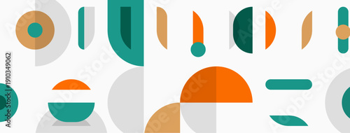 Abstract geometric shapes, muted colors, modern design. Composition features circles, rectangles, curves, overlapping forms. Minimalist aesthetic.