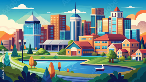 Very beautiful view of a vibrant downtown district near a lakeside university campus in the American Midwest, with high-rise buildings, tree-lined streets, and a calm blue lake stretching to the horiz