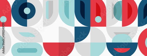 Abstract geometric pattern. Circles, squares, curves create repeating design. Blue, red, gray colors dominate composition. Minimalist style.