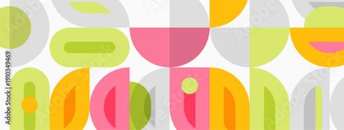 Abstract geometric pattern. Shapes overlap, creating playful midcentury modern aesthetic. Soft colors dominate design.