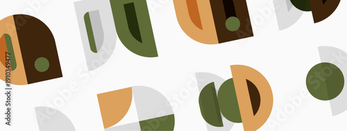 Abstract geometric shapes overlap, creating muted color pattern. Circles, semicircles, segments dominate composition. Minimalist design.