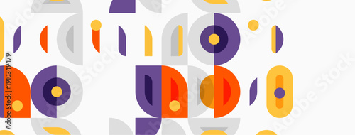 Abstract geometric pattern. Circles, ovals, lines create playful composition. Muted purple, orange, gray tones dominate design.