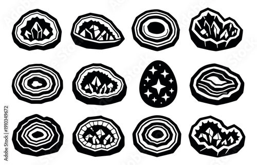 Bold hand drawn geode and agate set featuring crystal formations, polished slices, and a mystical egg for spiritual and geological themes