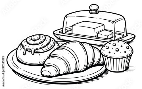 Hand drawn line art breakfast bakery set featuring a cinnamon roll, croissant, muffin, and butter for cafe menu design