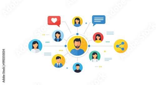 Social media network illustration with interconnected user profiles and communication icons