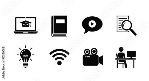 Black icons representing education media technology and learning concepts