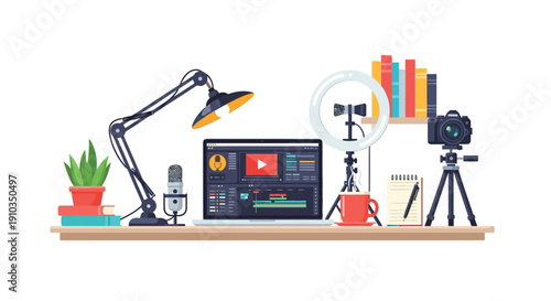 A creator s workspace featuring a laptop camera microphone and lighting setup