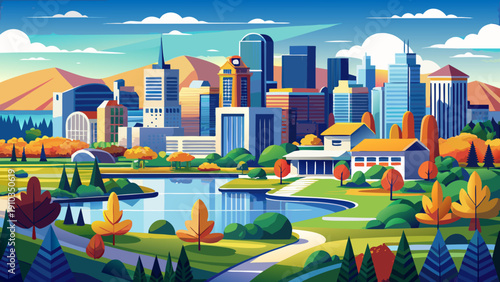 Very beautiful view of a vibrant downtown district near a lakeside university campus in the American Midwest, with high-rise buildings, tree-lined streets, and a calm blue lake stretching to the horiz