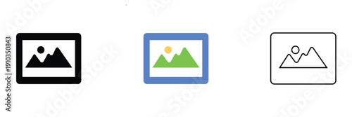 Set of Image Gallery Icon Variations. Collection of simple image placeholder icons in different styles, including filled, colored, and outlined versions, isolated on neutral background.
