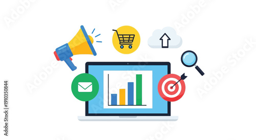 Digital marketing concepts illustrated with icons above a laptop screen
