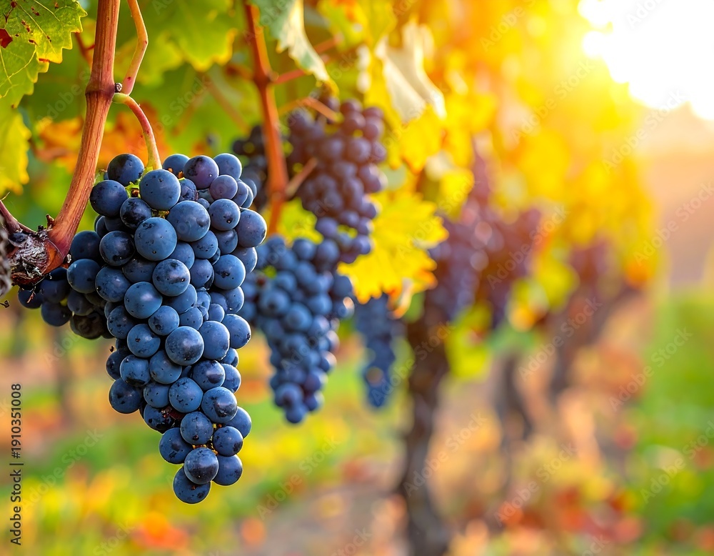 Fototapeta premium A lush vineyard scene with purple grapes hanging from vines