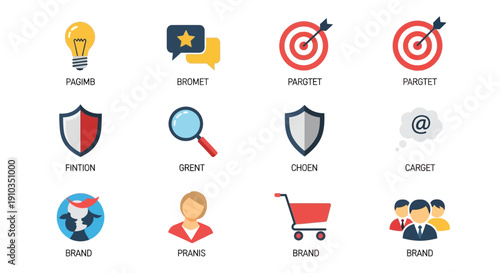 Colorful flat icons representing business concepts like goals security and marketing