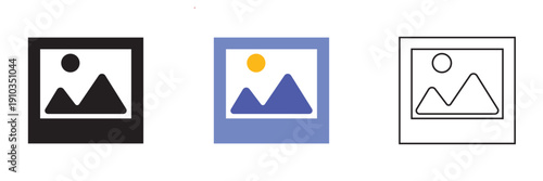 Set of Image Gallery Icon Variations. Collection of simple image placeholder icons in different styles, including filled, colored, and outlined versions, isolated on neutral background.
