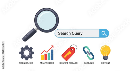 Search query illustration with seo tools and data analysis icons