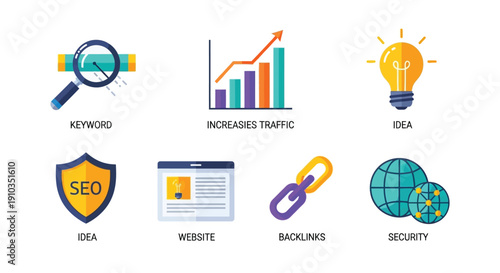 Digital marketing icons representing seo growth and online strategies