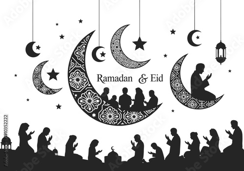 A serene scene of two individuals praying in front of a mosque, evoking spirituality and devotion, ideal for religious content.