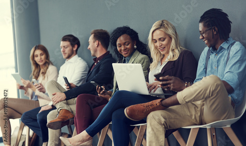 Billede på lærred Recruitment, office and queue of people with tech, application and paperless interview