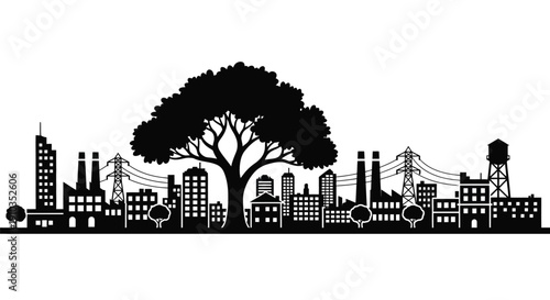Black silhouette of a city skyline with a large tree in front
