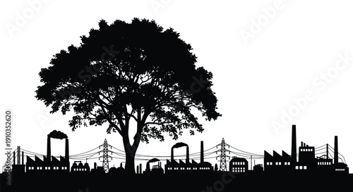 A silhouetted tree stands over a factory skyline contrasting nature with industry