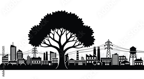 A silhouetted tree dominates a cityscape with industrial elements