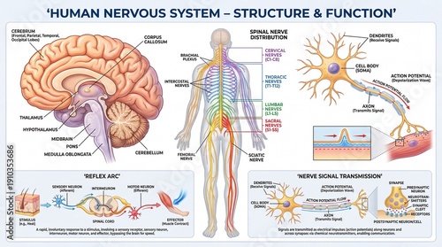 Detailed Educational Diagram of Human Nervous System Anatomy and Function for Learning Purposes