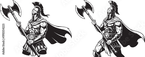 Two illustrations of a muscular Spartan warrior with a helmet and an axe, black and white