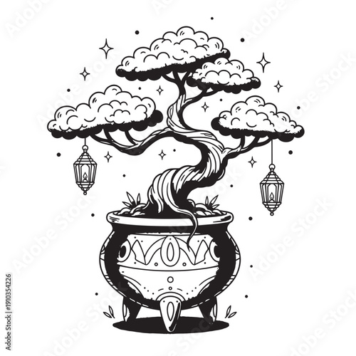 Mystical bonsai tree in a cauldron with lanterns and stars, black and white illustration