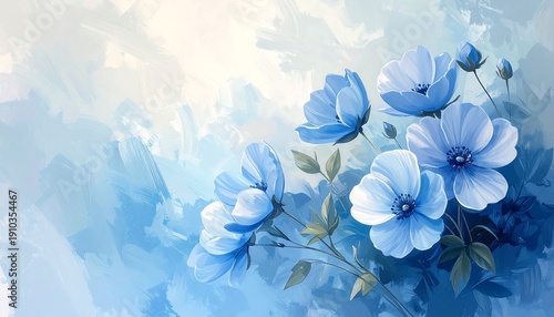 Elegant Blue Floral Watercolor Painting with Soft Background.