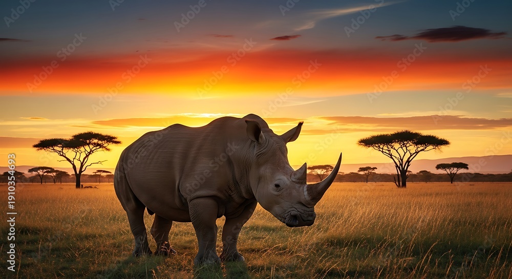 Fototapeta premium Rhinoceros standing in savannah at sunset.