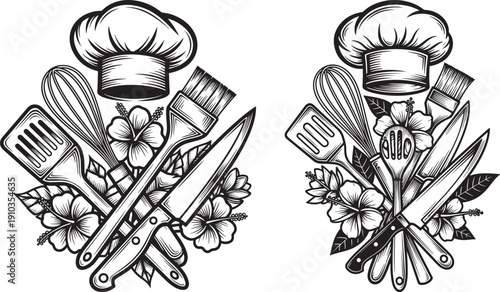 Chef's hat and kitchen utensils with hibiscus flowers, black and white illustration