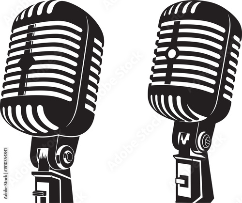 Two retro-style microphones on stands, black and white illustration for music and broadcasting