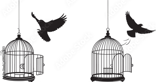 Silhouette of birds flying out of an open cage, symbol of freedom and escape