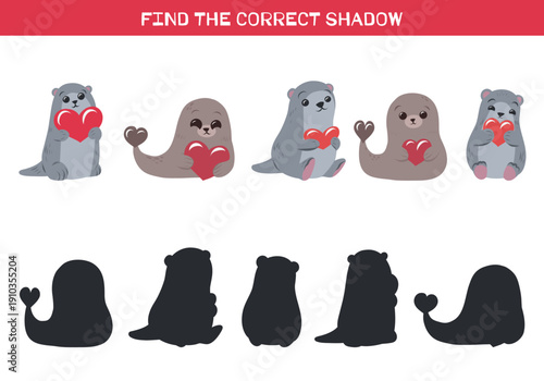 Educational game for children Find the correct shadow with cute cartoon otters holding hearts and matching silhouettes below. Bright flat vector style for preschool worksheets, activity books and lear